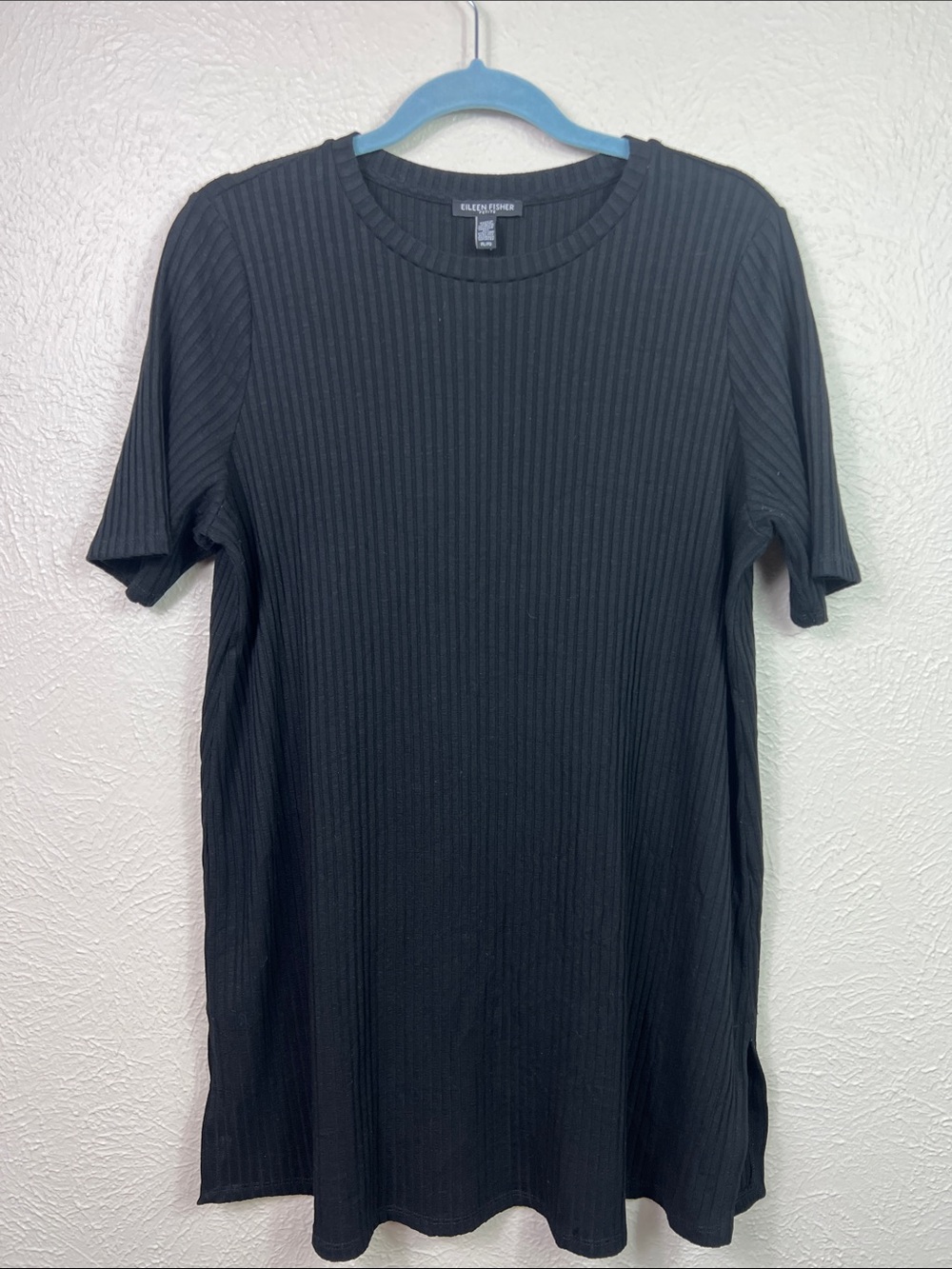 Eileen Fisher Black Ribbed Short Sleeve A-Line Pullover Tunic Top Large Petite